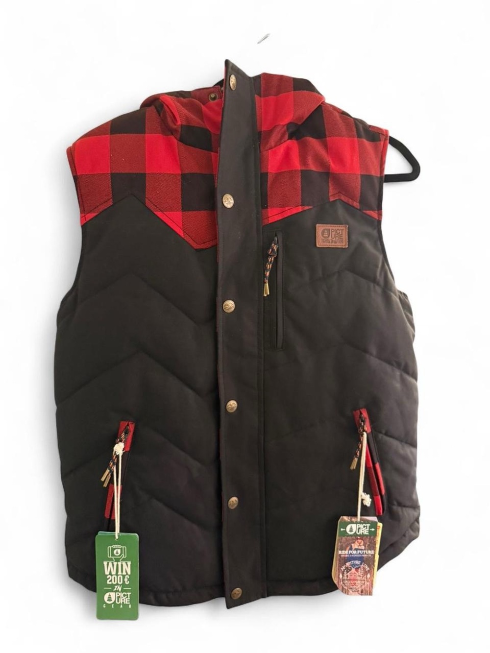 NWT Picture Organic Clothing Vest Mens S Puffer Hooded Buffalo Plaid Red Black